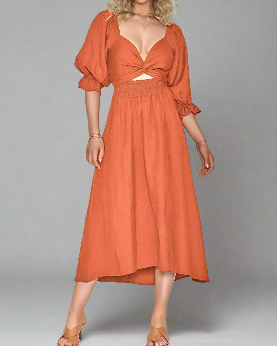 Damen-Midikleid mit Cut-Outs und Puffärmeln