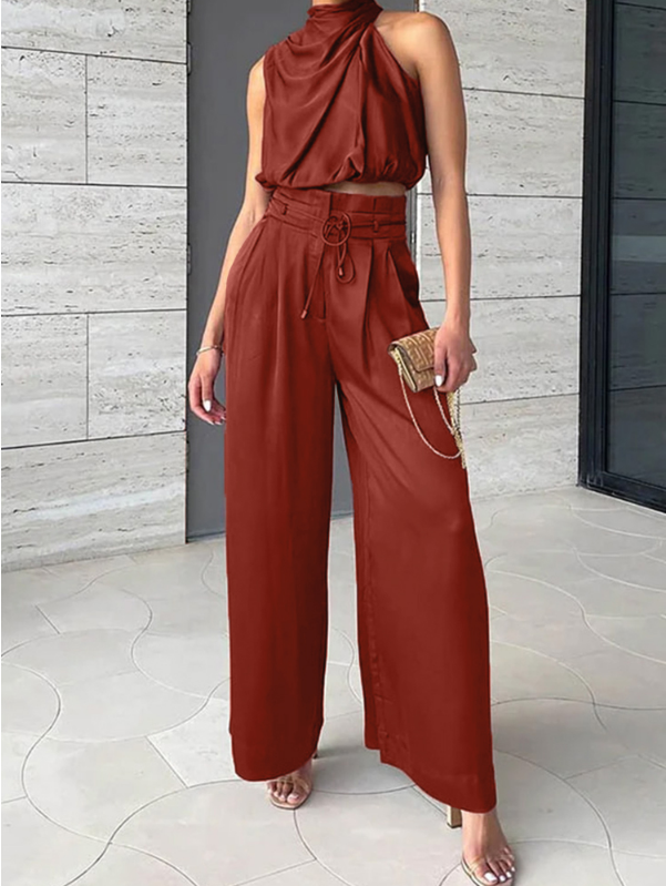 Leona | Damen Zweiteiler Neckholder Crop Top Weite Hose