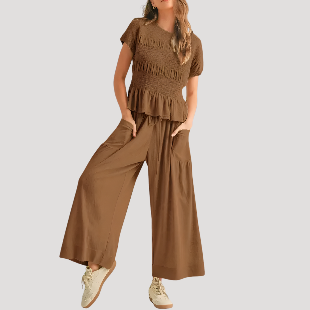 Lillian | Damen Kurzarm Zweiteiler Set Weite Hose