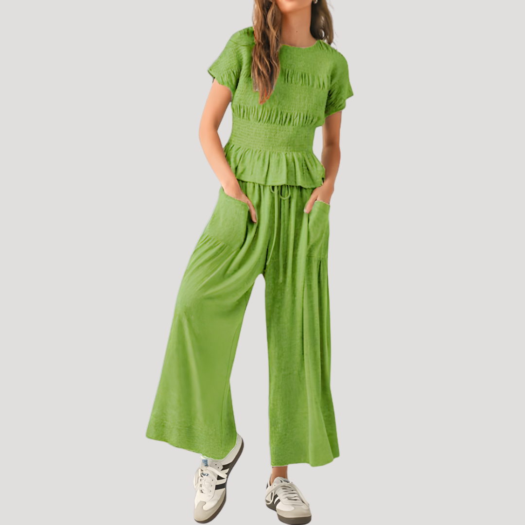 Lillian | Damen Kurzarm Zweiteiler Set Weite Hose