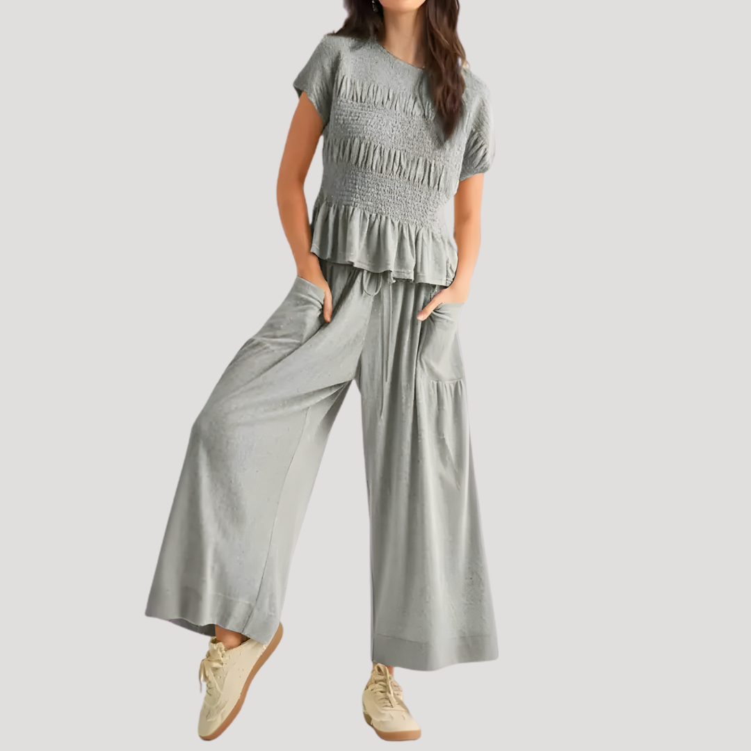 Lirette | Damen Zweiteiler Peplum Top Weite Hose Set