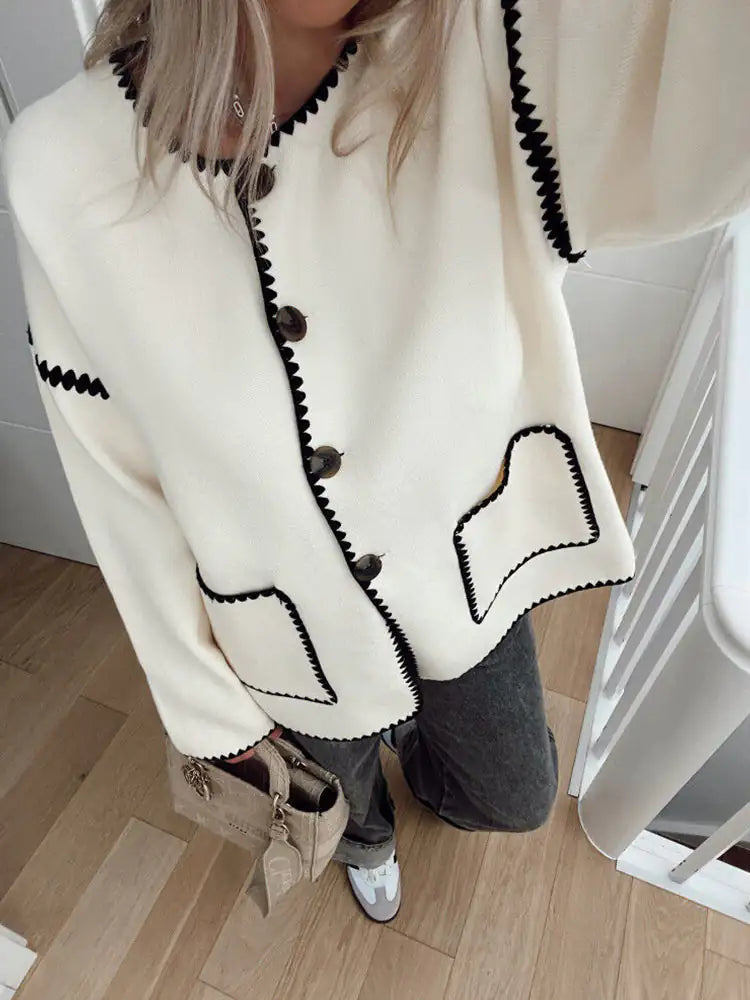 Krohn-e | cardigan - Herbst Kontrastbesatz Knopf-Cardigan
