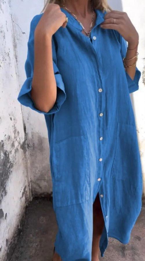 Damen Leinen Sommerkleid mit Taschen