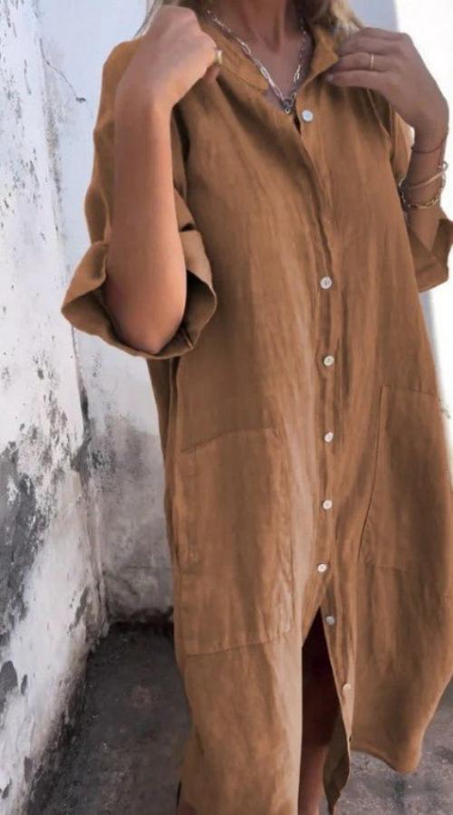 Damen Leinen Sommerkleid mit Taschen