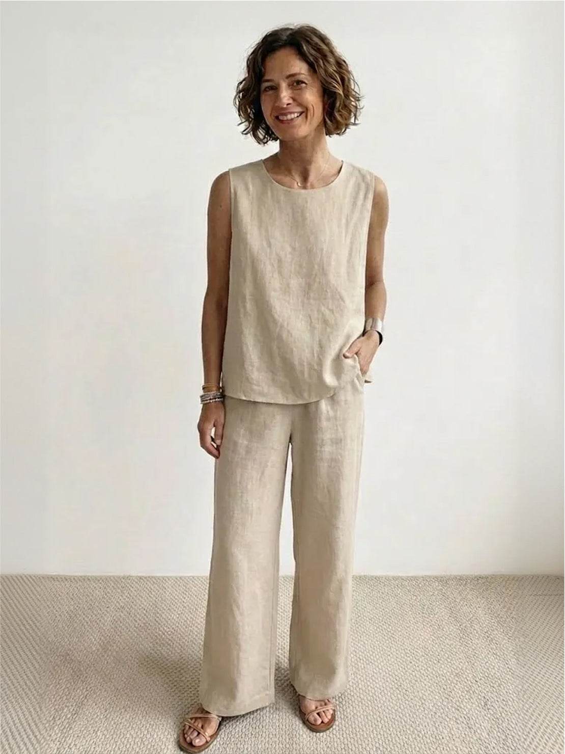 KROHN-E Damen Zweiteiler Olivgrün Tank-Top Wide-Leg Hose Set