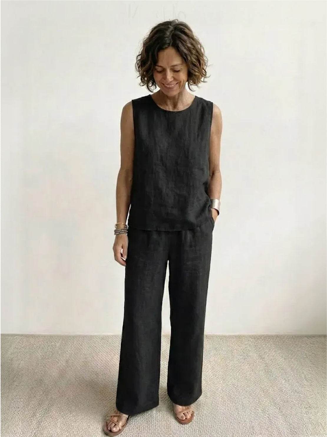 KROHN-E Damen Zweiteiler Olivgrün Tank-Top Wide-Leg Hose Set