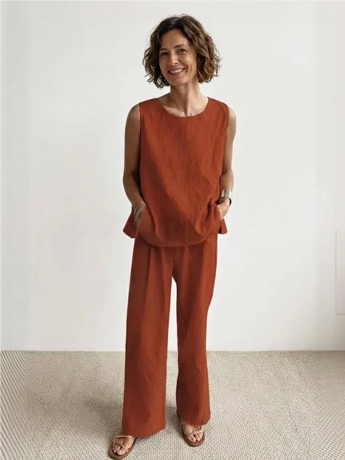 KROHN-E Damen Zweiteiler Olivgrün Tank-Top Wide-Leg Hose Set