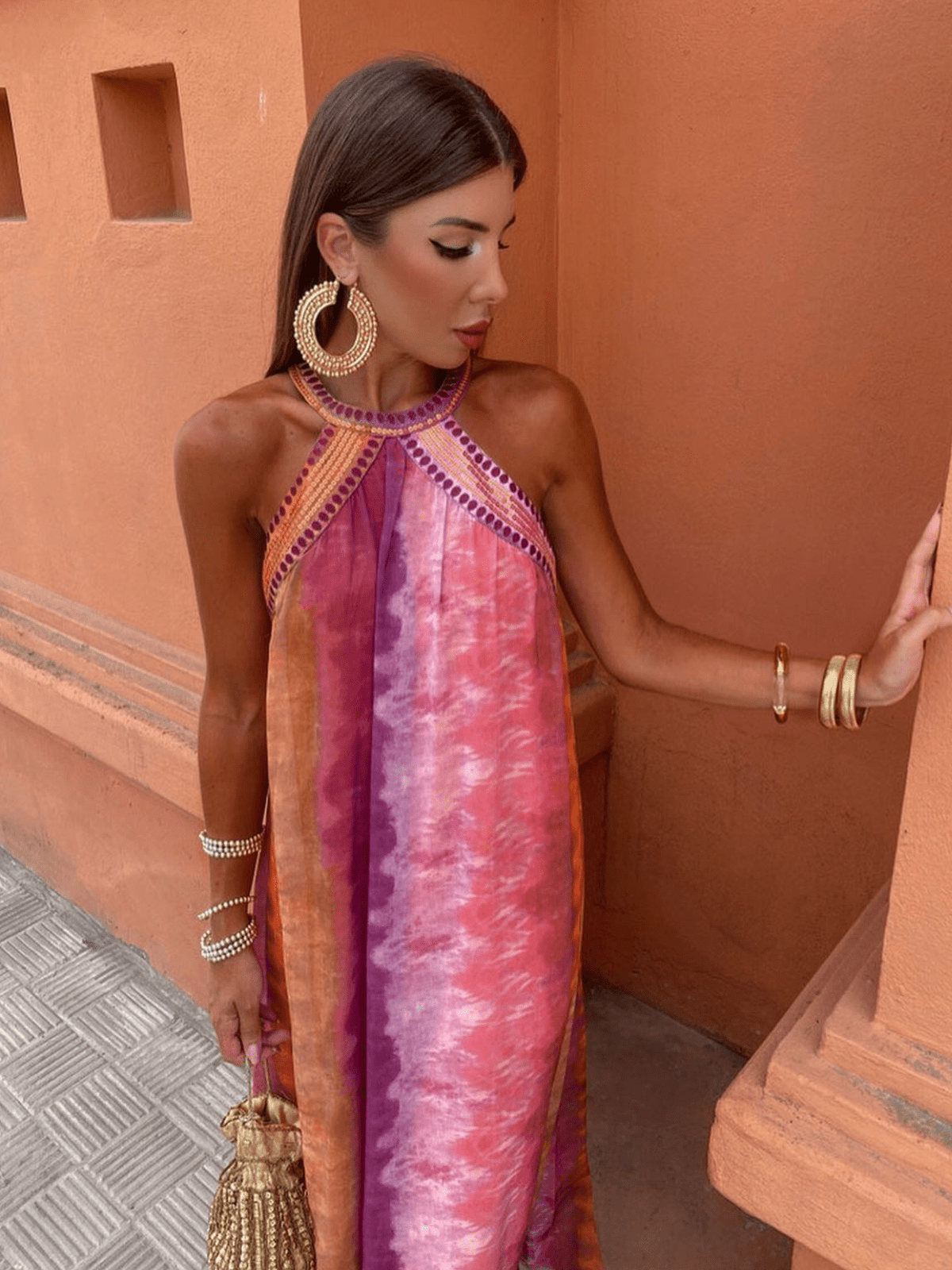 KROHN-E Damen Ombre-Kleid ärmellos fließender Rock Sommerkleid