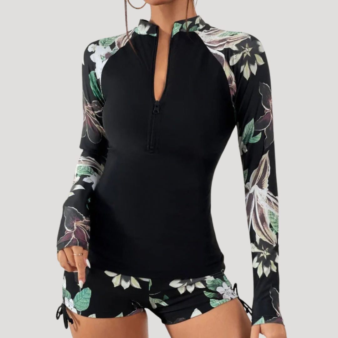 Lysandra | Damen Langarm Blumen Badeanzug Set