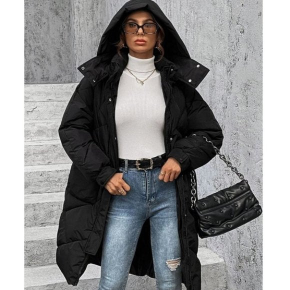 Krohn-e | Winterjacke mit Kapuze für Damen - lange wattierte Jacke