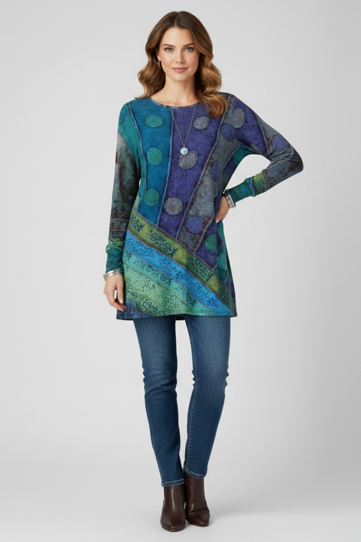 Magdalena | Damen Langarm Tunika mit Patchwork Muster
