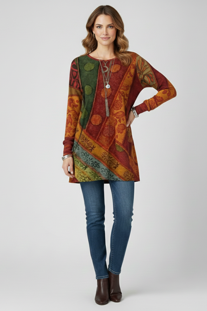 Magdalena | Damen Langarm Tunika mit Patchwork Muster