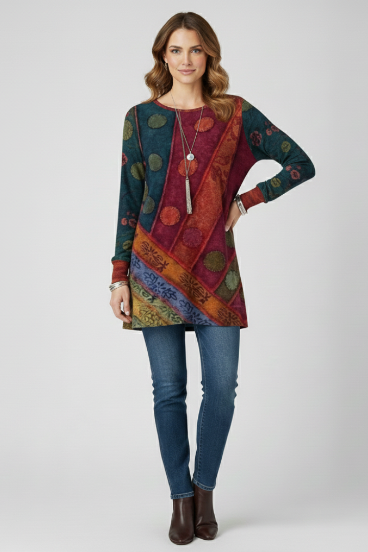 Magdalena | Damen Langarm Tunika mit Patchwork Muster