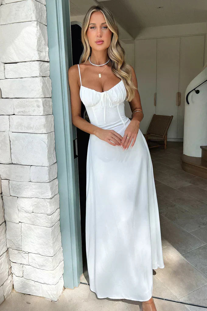 KROHN-E Damen Wickel-Maxikleid Spaghettiträger Fließend Elegant