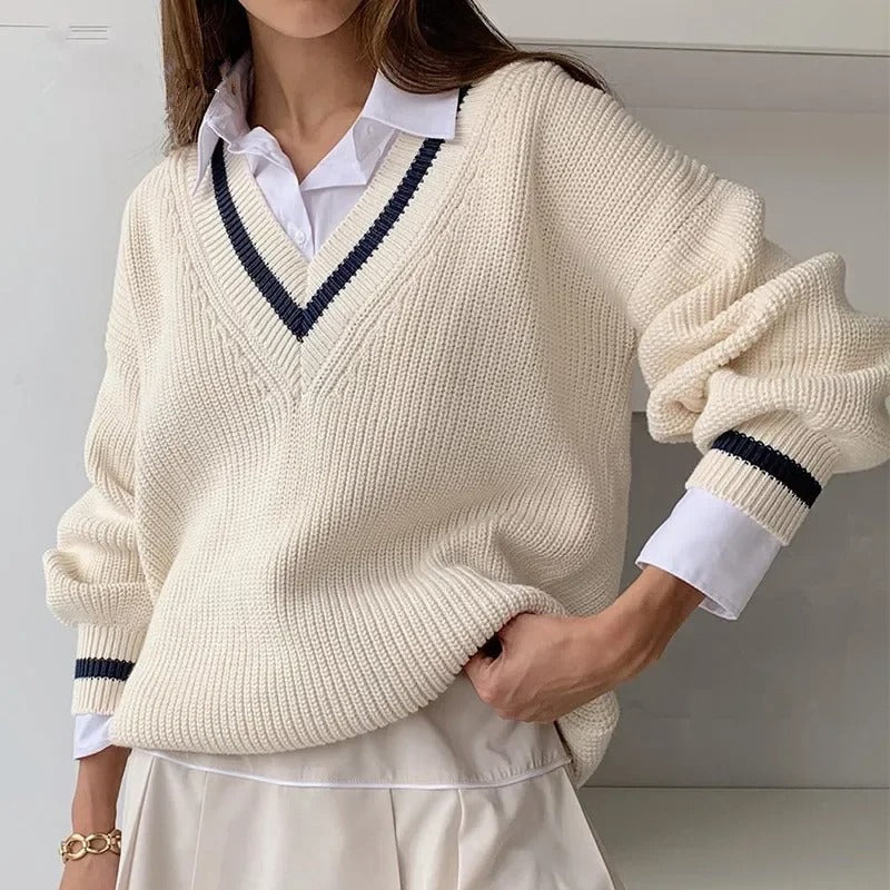 Krohn-e | Damen Strickpullover mit V-Ausschnitt – Feiner Look