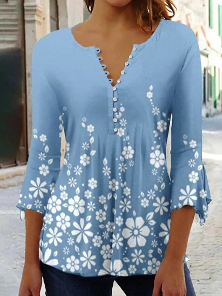 Damen-T-Shirt Mabel mit V-Ausschnitt und Knopfleiste