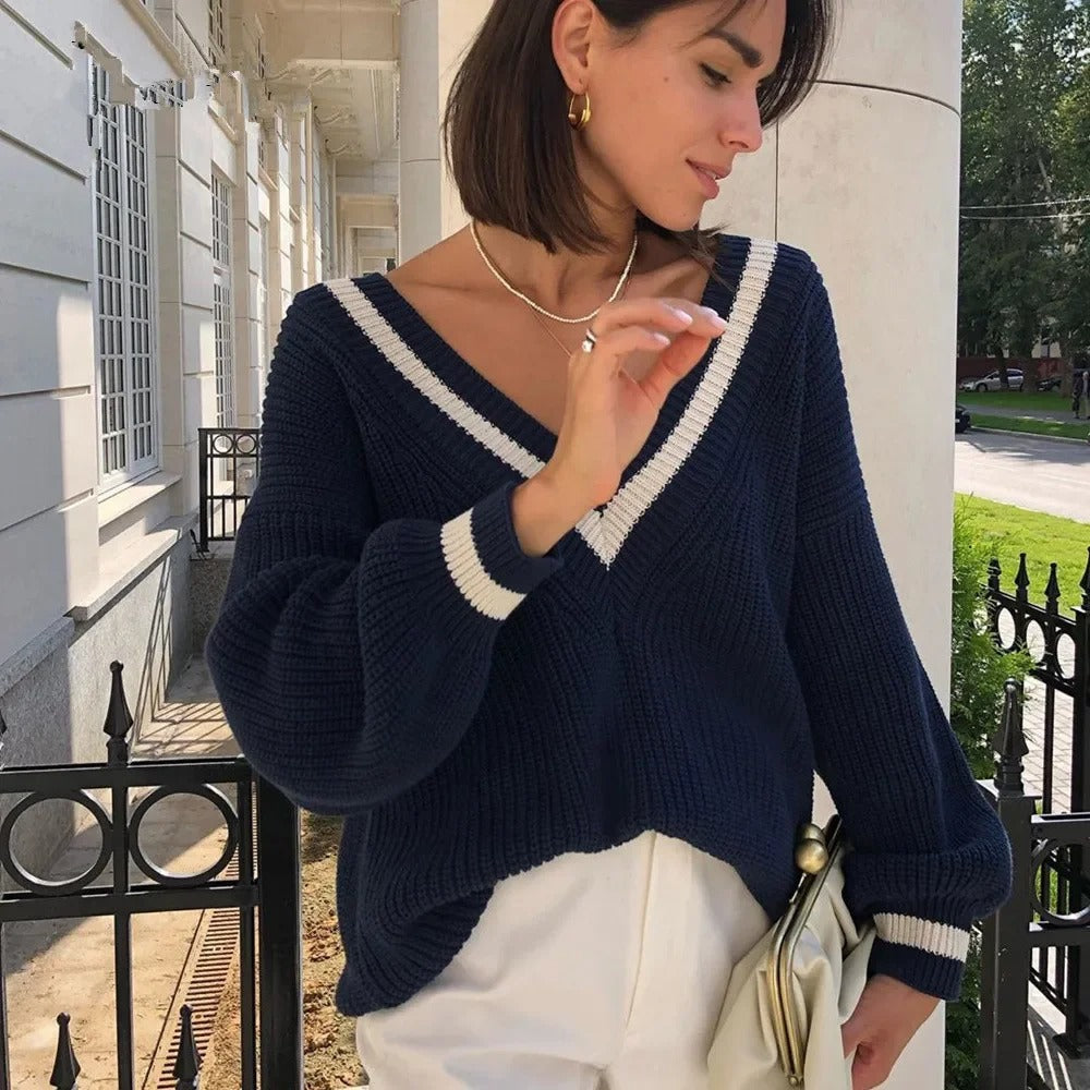 Krohn-e | Damen Strickpullover mit V-Ausschnitt – Feiner Look