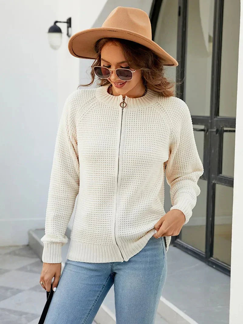 Krohn-e | Cardigan - Damen Herbst Einfarbiger Reißverschluss Strickcardigan