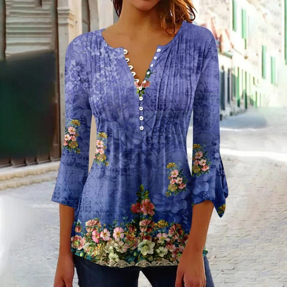 Fudus Damen-T-Shirt mit V-Ausschnitt und Knopfleiste