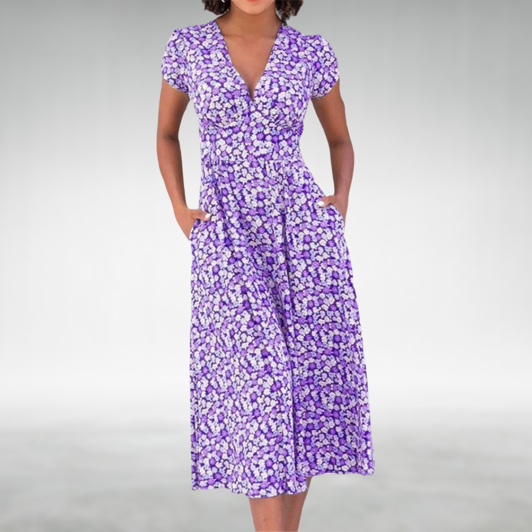 Margot | Damen V-Ausschnitt Blumenmuster Midikleid
