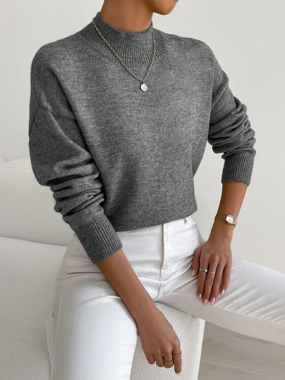 KROHN-E Damen Rollkragenpullover Langarm Soft-Knit Beige