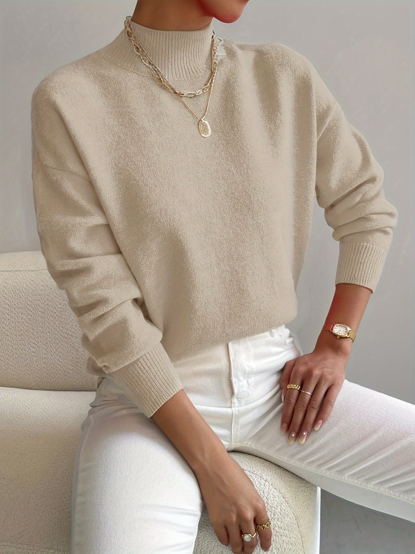 KROHN-E Damen Rollkragenpullover Langarm Soft-Knit Beige