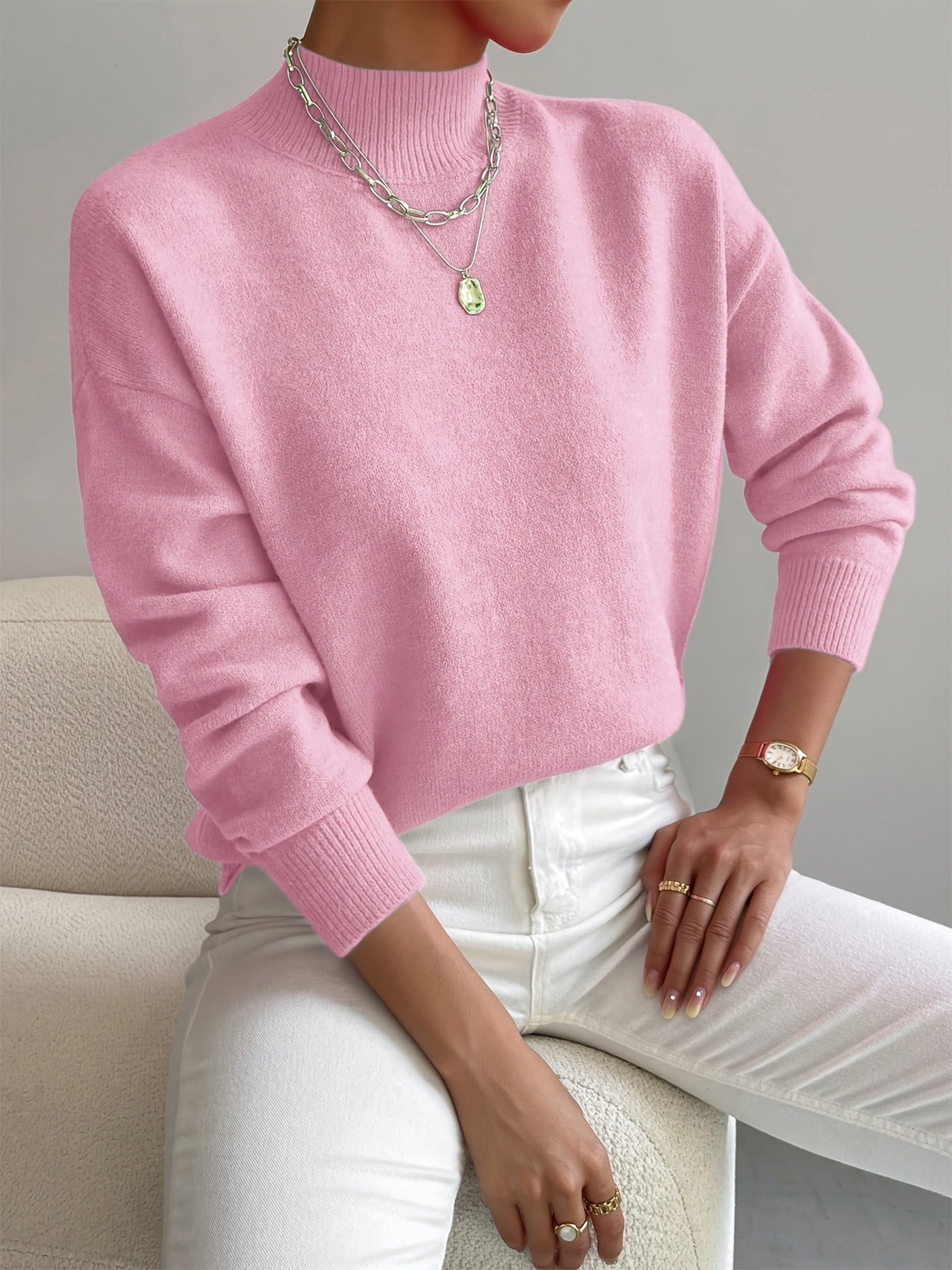 KROHN-E Damen Rollkragenpullover Langarm Soft-Knit Beige