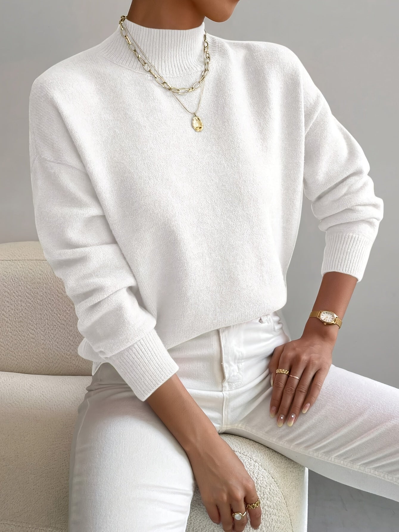 KROHN-E Damen Rollkragenpullover Langarm Soft-Knit Beige