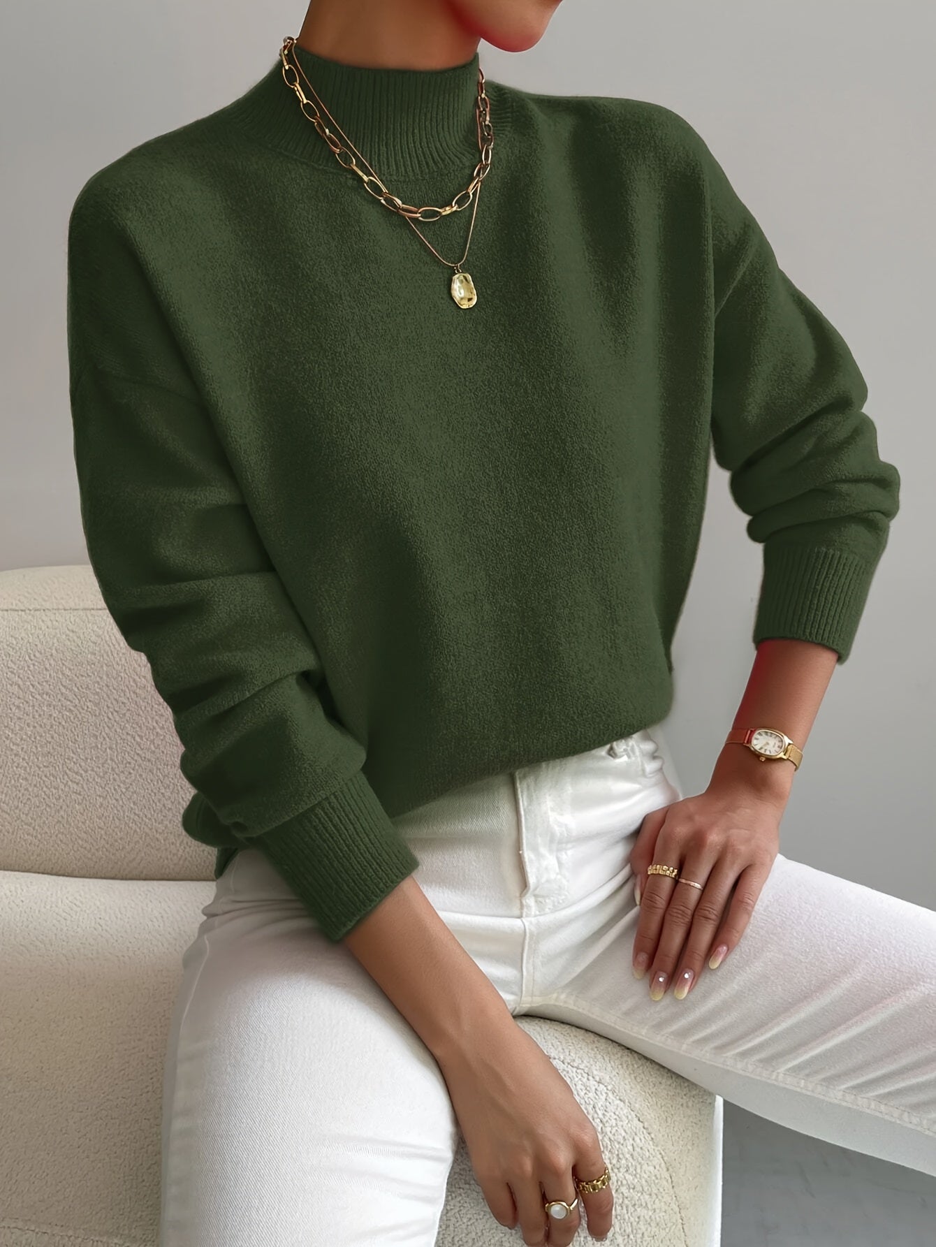 KROHN-E Damen Rollkragenpullover Langarm Soft-Knit Beige