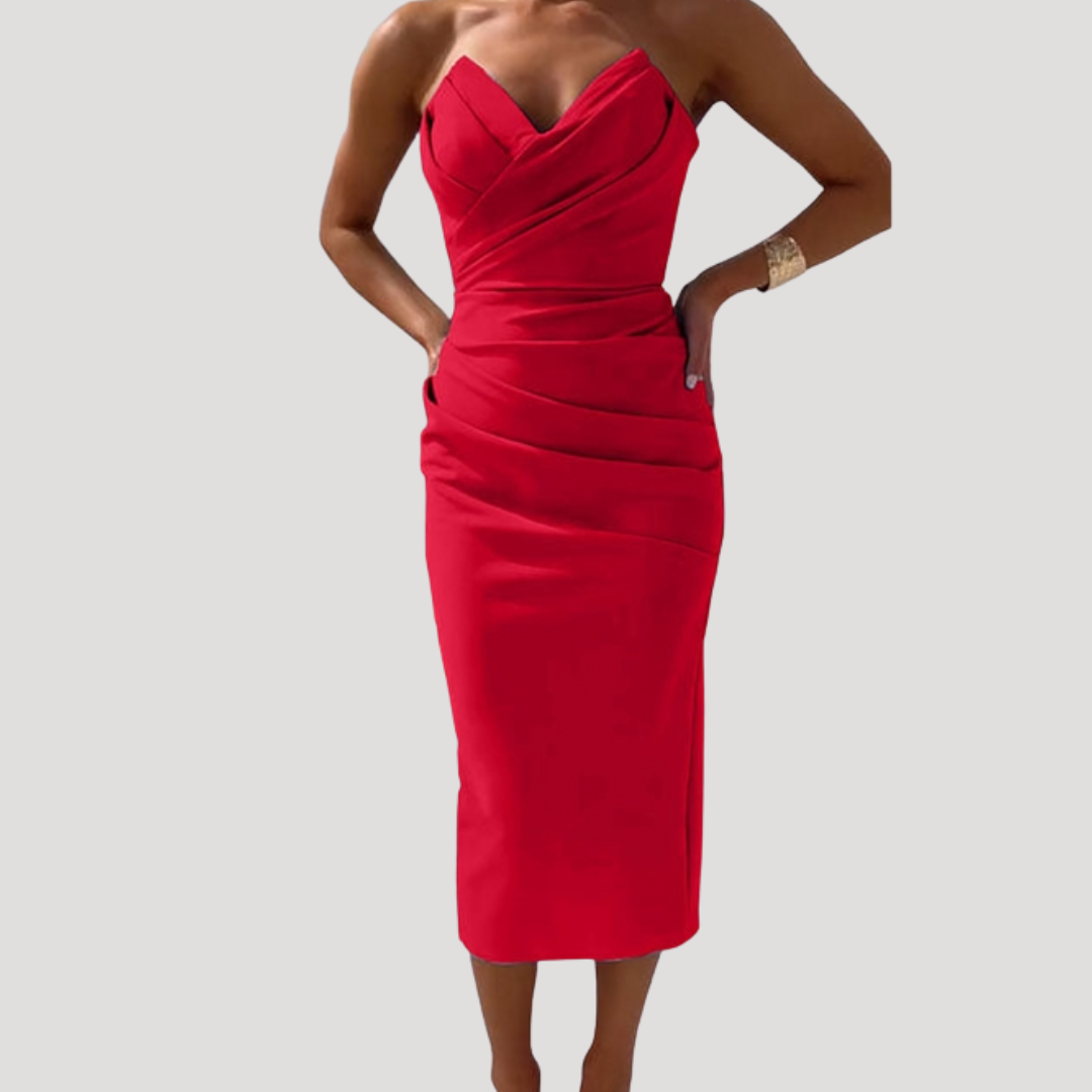 Marlies | Damen Schulterfreies Geraftes Midikleid