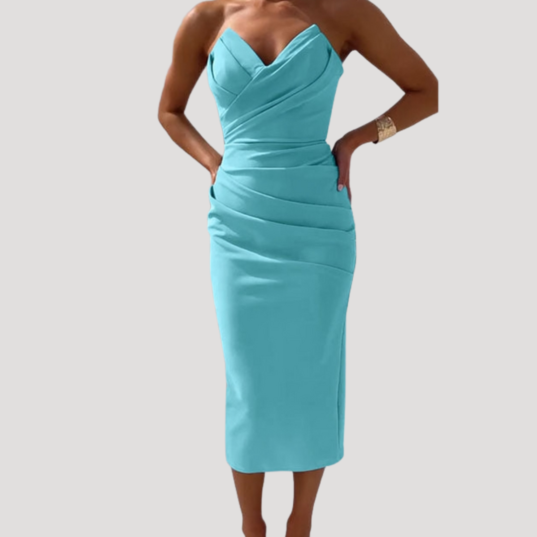 Marlies | Damen Schulterfreies Geraftes Midikleid