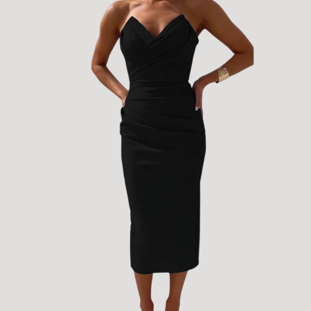 Marlies | Damen Schulterfreies Geraftes Midikleid
