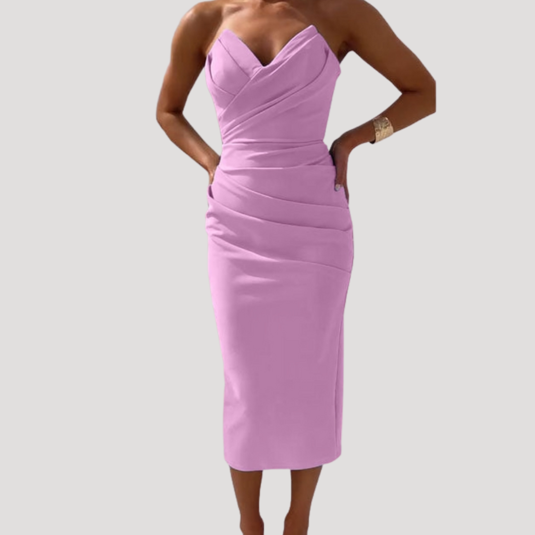 Marlies | Damen Schulterfreies Geraftes Midikleid