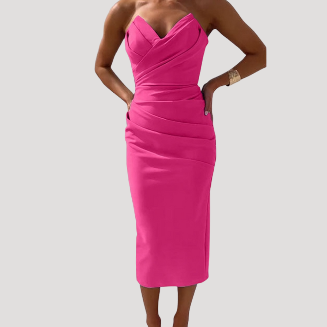 Marlies | Damen Schulterfreies Geraftes Midikleid