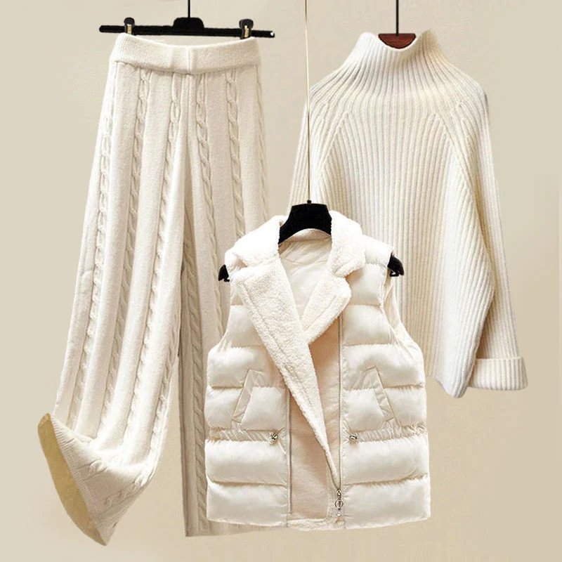 KROHN-E Damen Strickset Dreiteilig Beige Weste Pullover