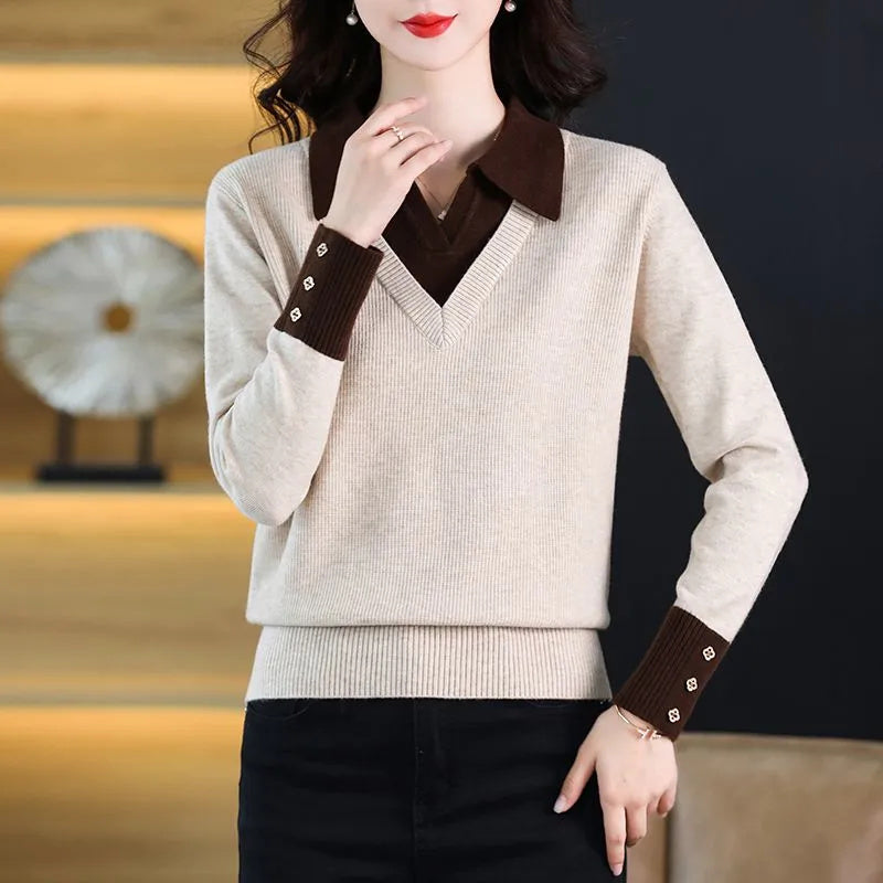 Original Faiz Damen Herbst Polokragen Pullover Zweiteiler
