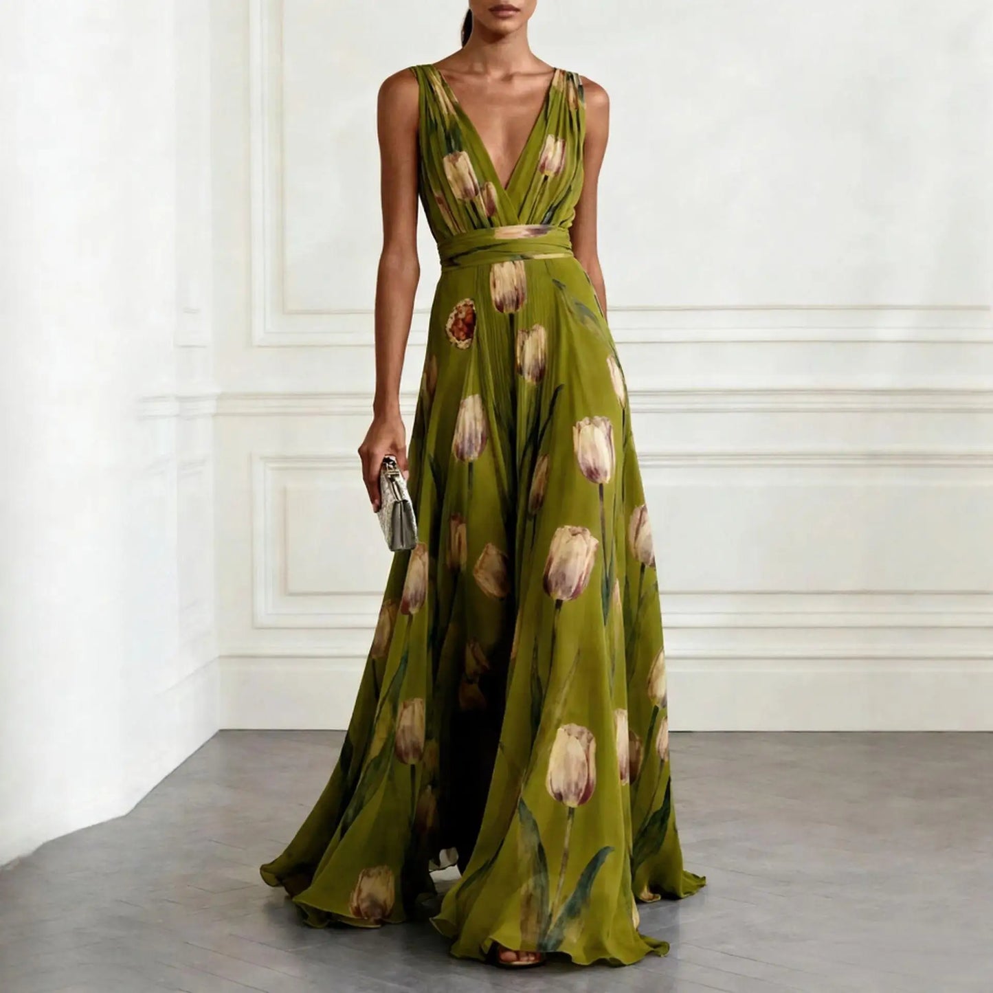 Mathilde | Damen V-Ausschnitt Maxikleid Blumenmuster