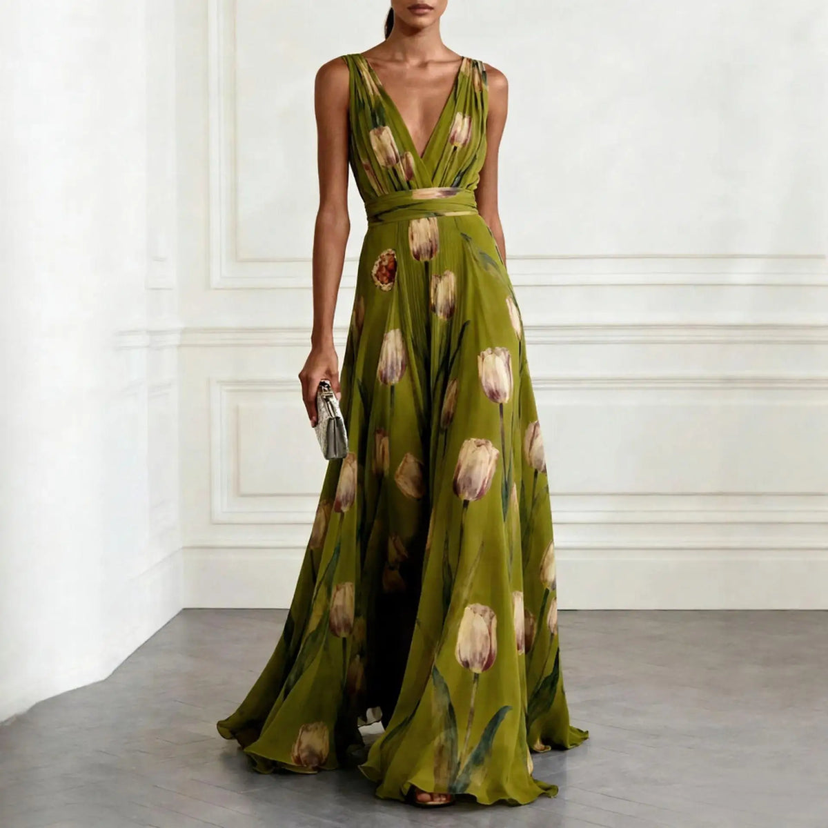 Mathilde | Damen V-Ausschnitt Maxikleid Blumenmuster