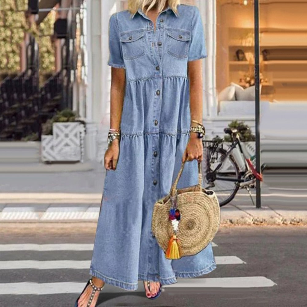 Kurzes Damen-Denim-Maxikleid im A-Linien-Schnitt