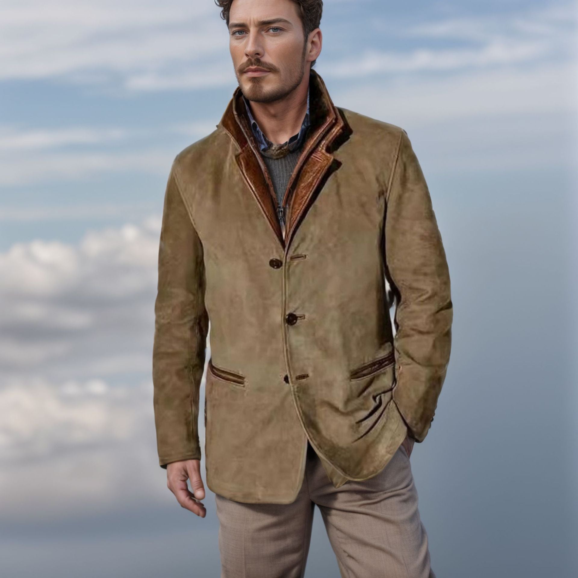 Krohn-e | Herren Wildlederjacke mit Lederbesatz - Reverskragen-Design