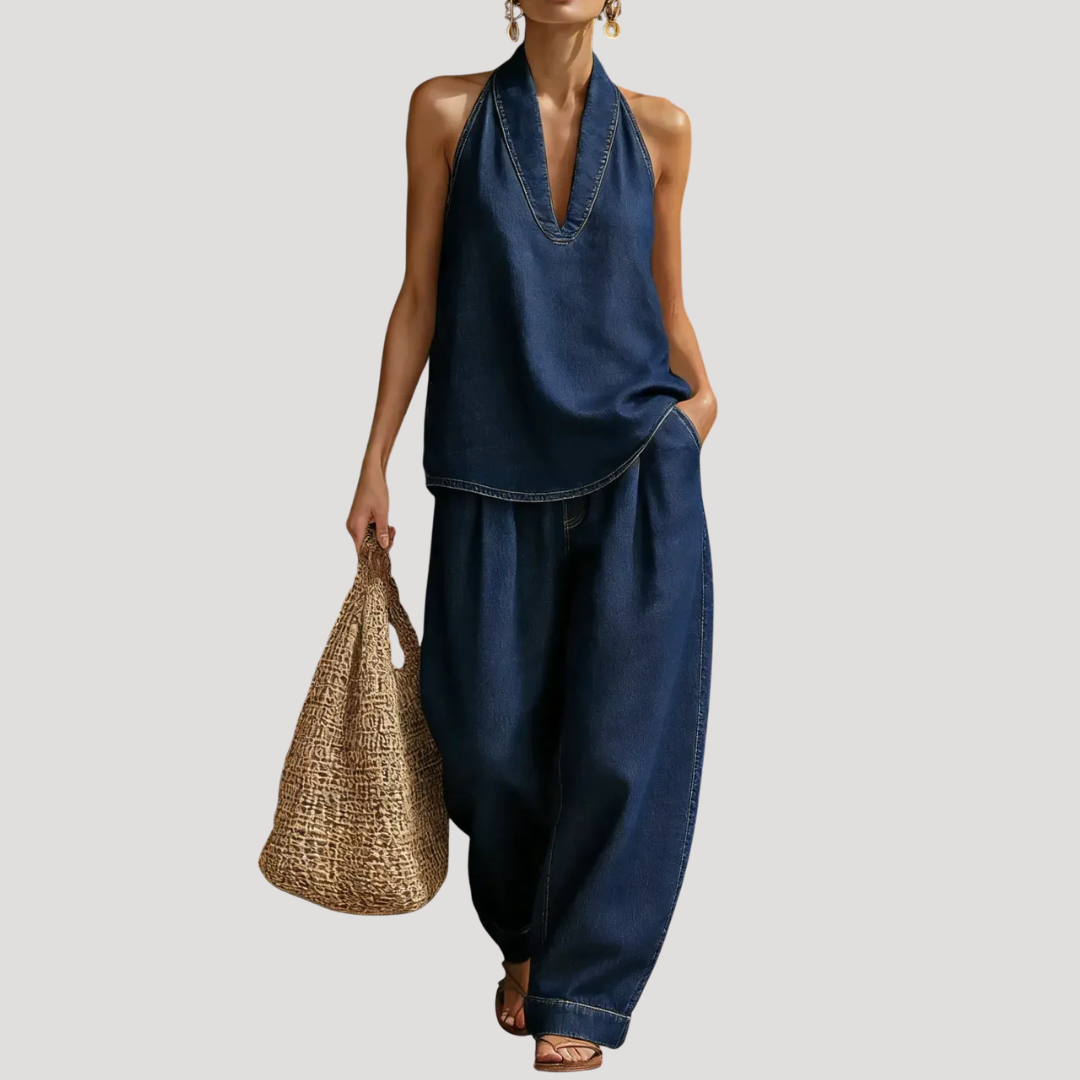 Meret | Damen Neckholder Zweiteiler Set Weite Hose