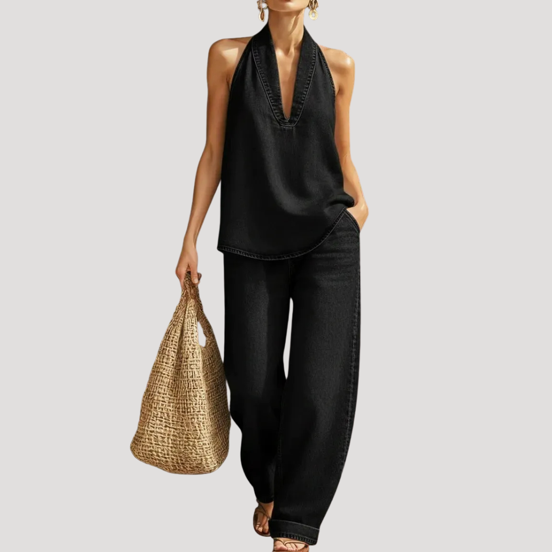 Meret | Damen Neckholder Zweiteiler Set Weite Hose