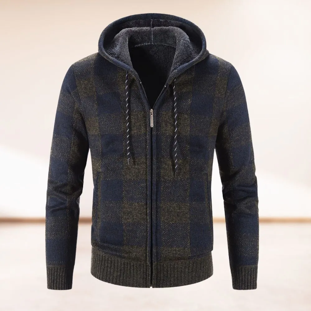 Trendige warme karierte Kapuzen-Strickjacke Fridolin
