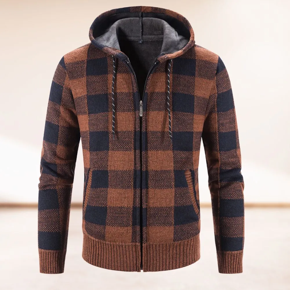 Trendige warme karierte Kapuzen-Strickjacke Fridolin