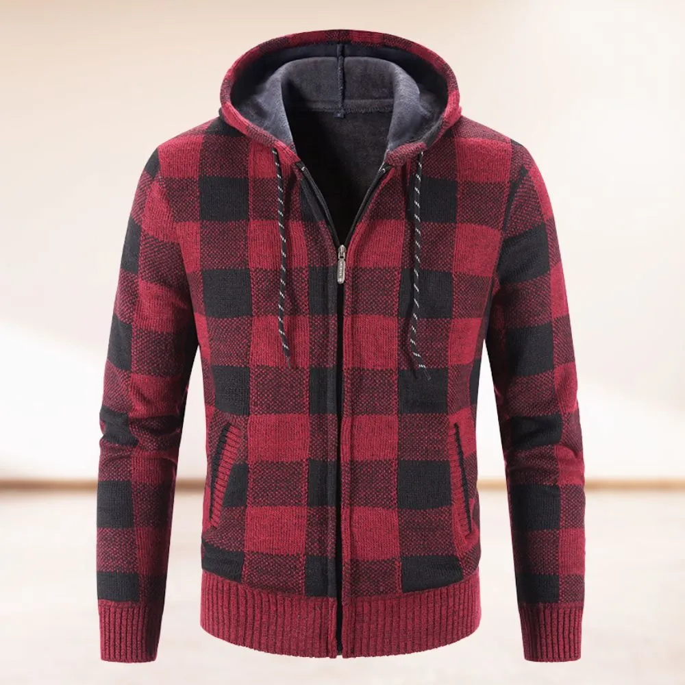 Trendige warme karierte Kapuzen-Strickjacke Fridolin