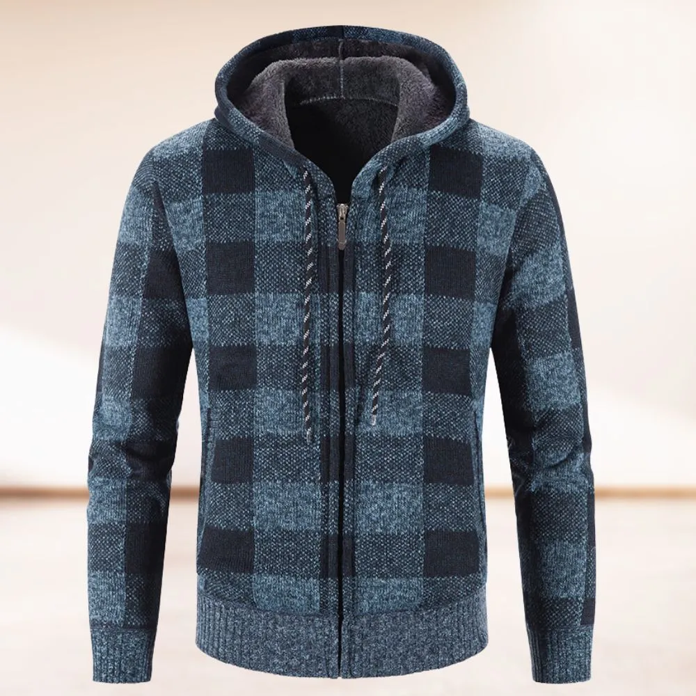 Trendige warme karierte Kapuzen-Strickjacke Fridolin