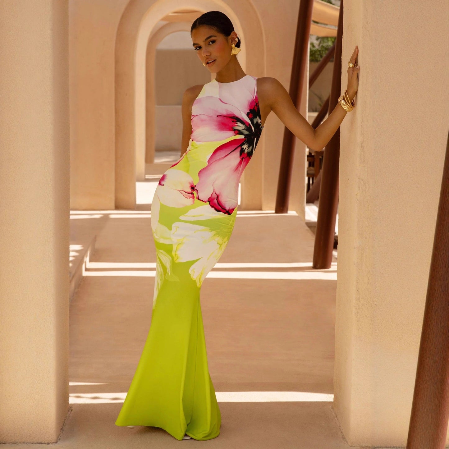 Nadège | Damen Florales Maxikleid Ärmellos Figurbetonend