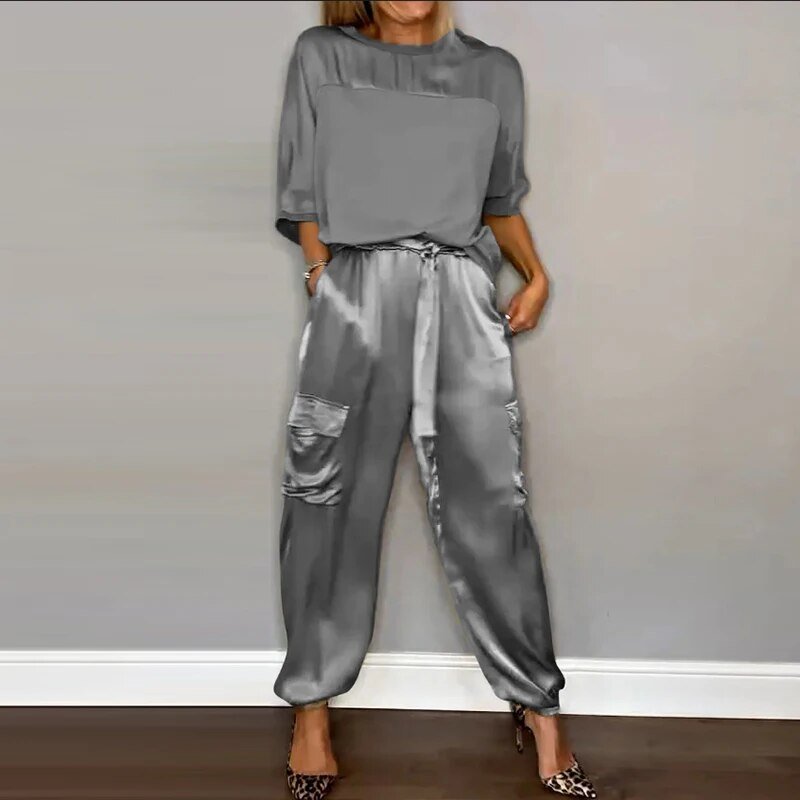 KROHN-E Damen Loungewear-Set Zweiteilig Baumwolle Beige Entspannt