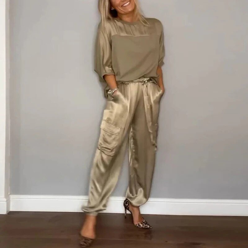 KROHN-E Damen Loungewear-Set Zweiteilig Baumwolle Beige