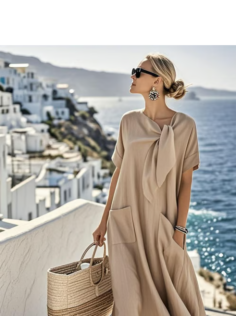 KROHN-E Damen A-Linien Kleid Kurzarm Casual Bindedetail
